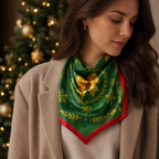 Luxury Christmas Satin Silk Scarf & Twilly Gift Set | Green Holiday Print | 90x90