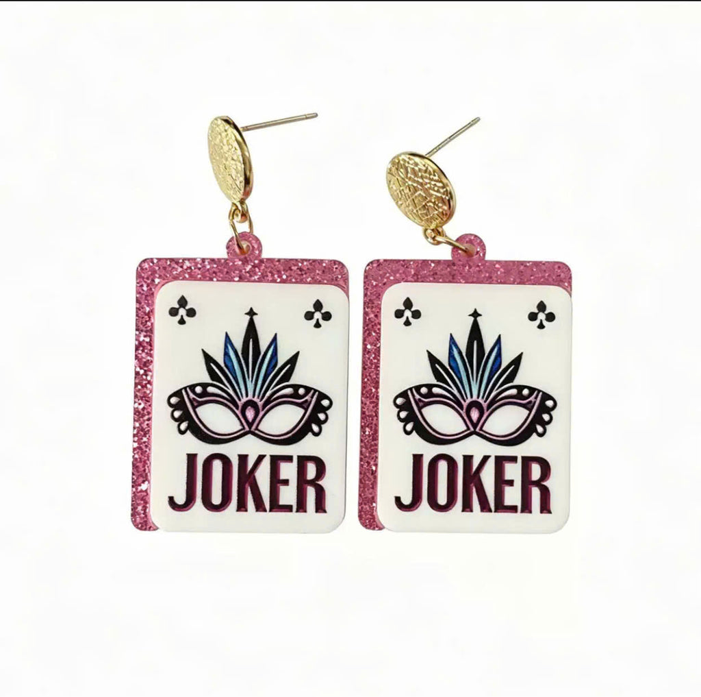 Joker Card Dangle Earrings – Pink Glitter Edges