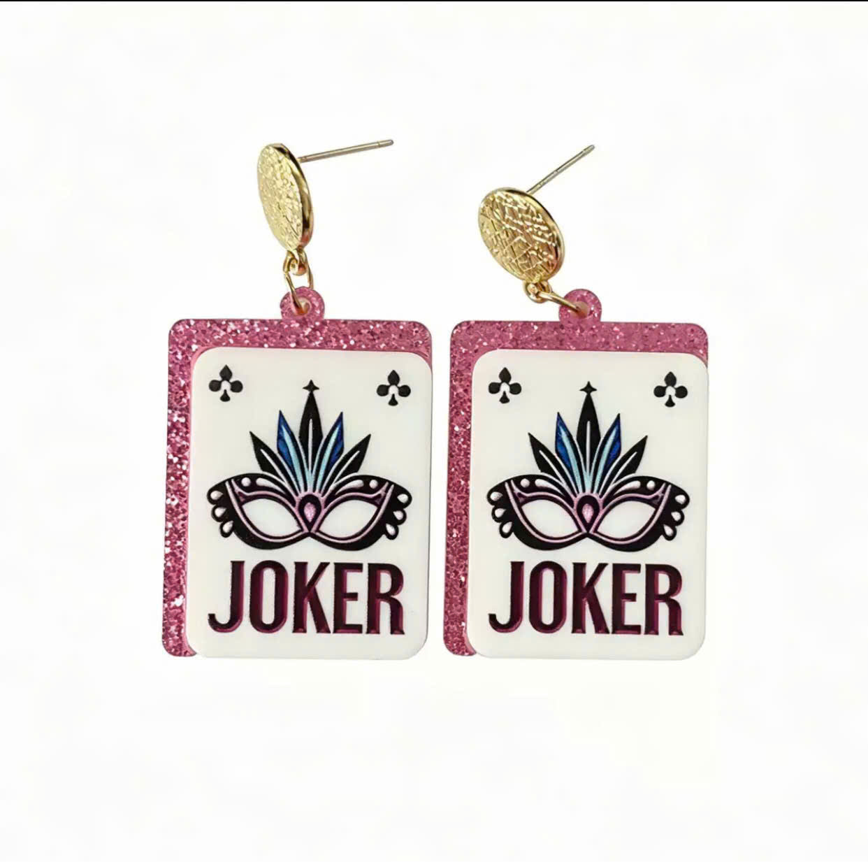 Joker Card Dangle Earrings – Pink Glitter Edges