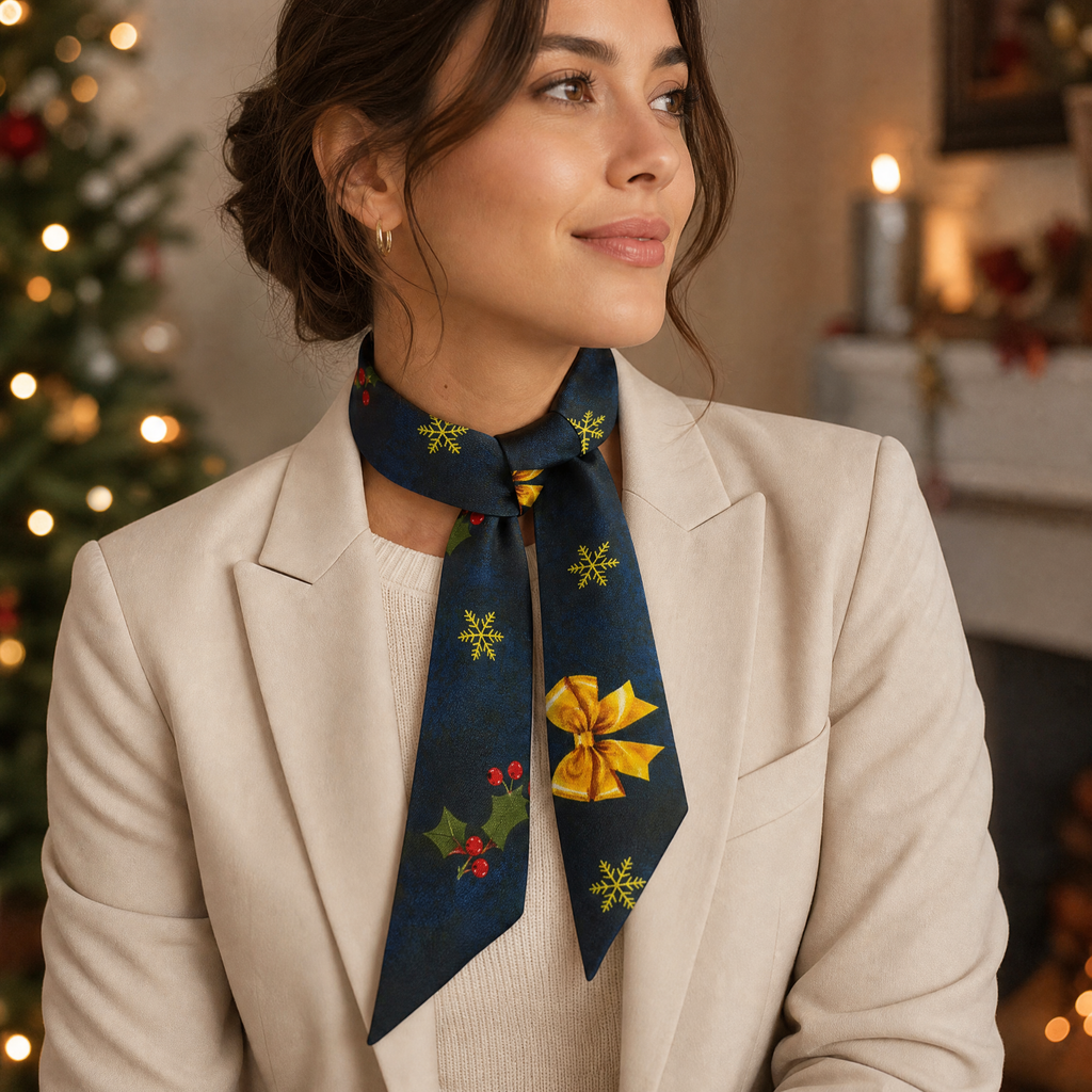 Luxury Christmas Satin Silk Scarf & Twilly Gift Set – Navy
