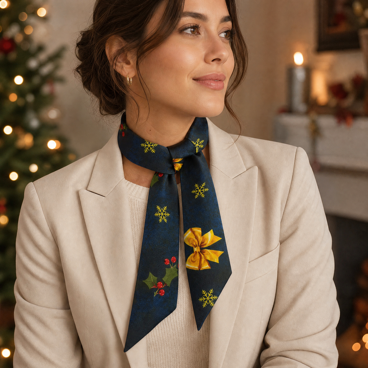 Luxury Christmas Satin Silk Scarf & Twilly Gift Set – Navy