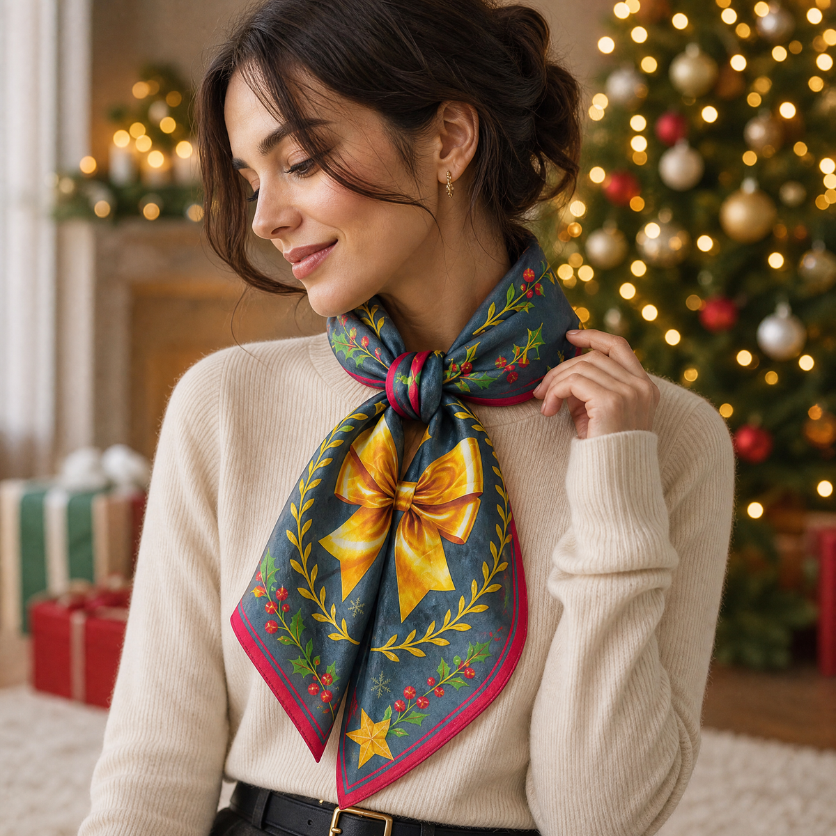 Luxury Christmas Satin Silk Scarf & Twilly Gift Set – Navy