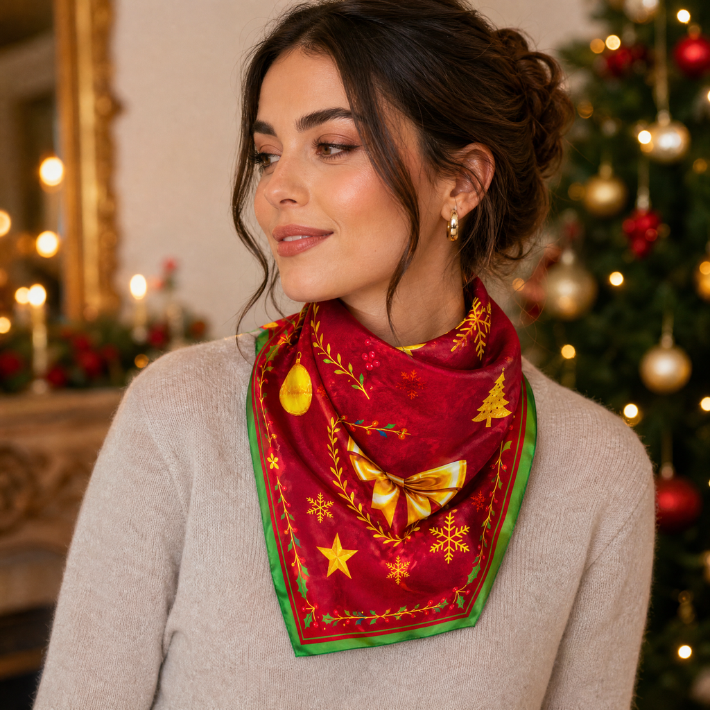 Luxury Christmas Satin Silk Scarf & Twilly Gift Set – Red