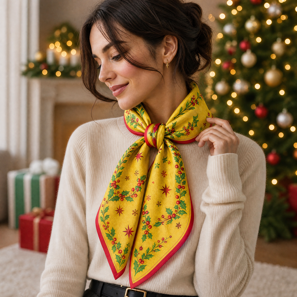 Luxury Christmas Satin Silk Scarf & Twilly Gift Set – Gold