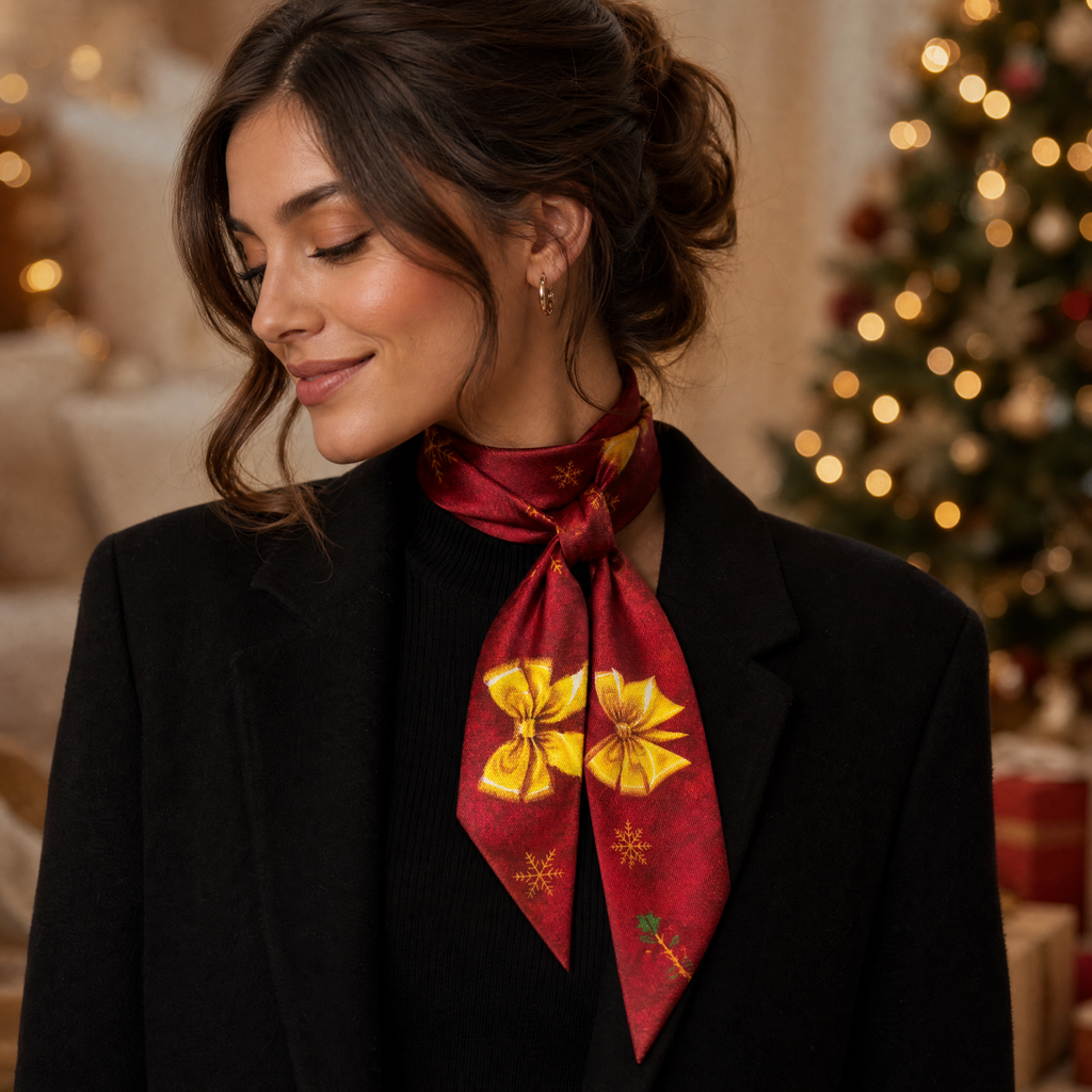 Luxury Christmas Satin Silk Scarf & Twilly Gift Set – Red