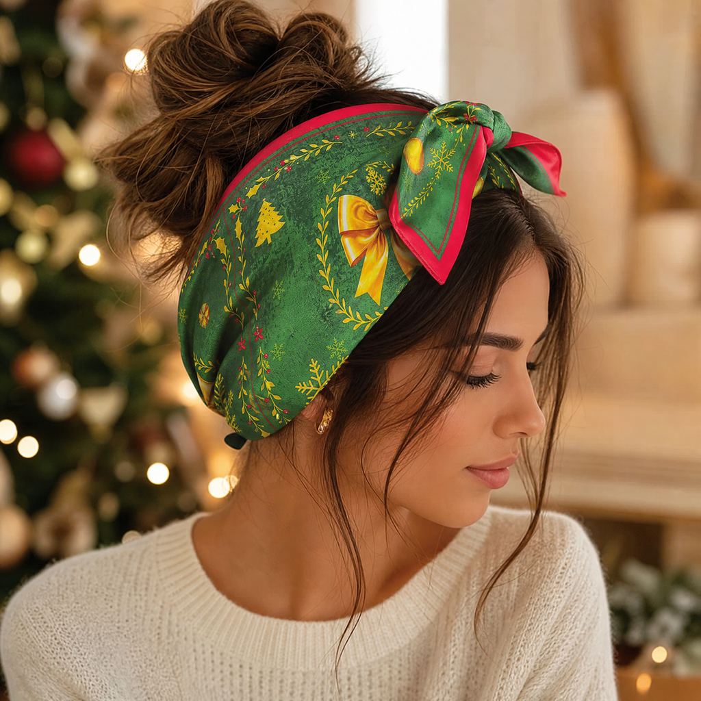 Luxury Christmas Satin Silk Scarf & Twilly Gift Set | Green Holiday Print | 90x90