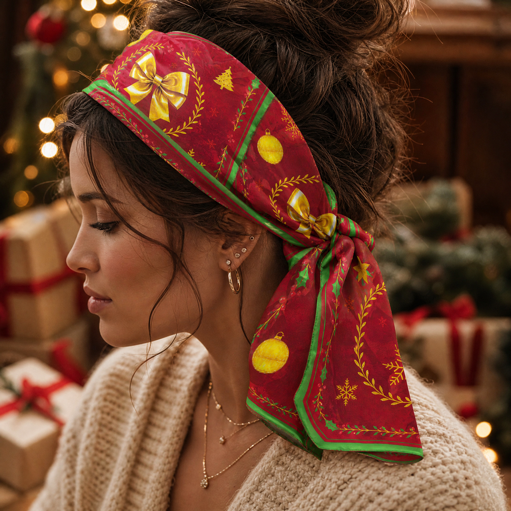 Luxury Christmas Satin Silk Scarf & Twilly Gift Set – Red