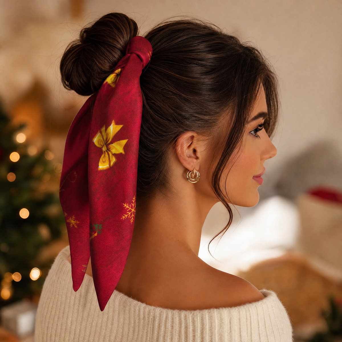 Luxury Christmas Satin Silk Scarf & Twilly Gift Set – Red