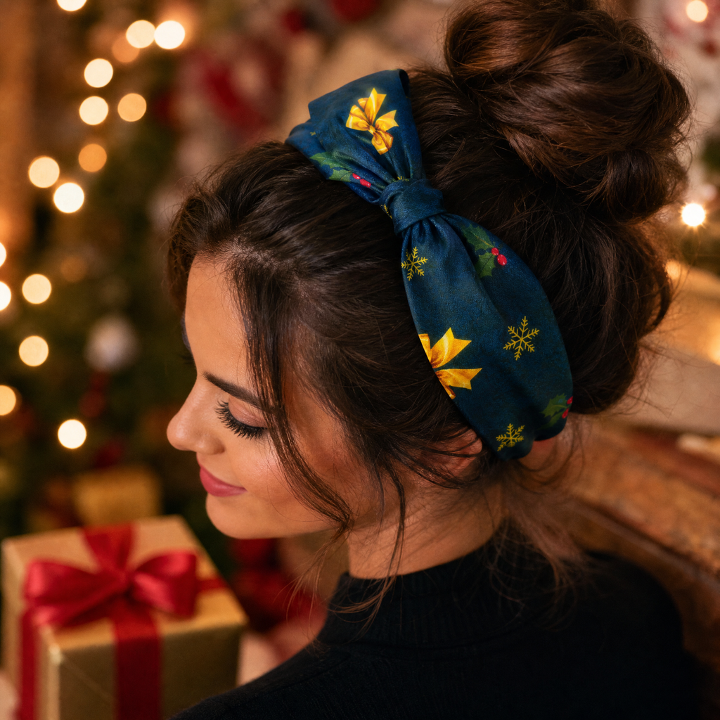 Luxury Christmas Satin Silk Scarf & Twilly Gift Set – Navy