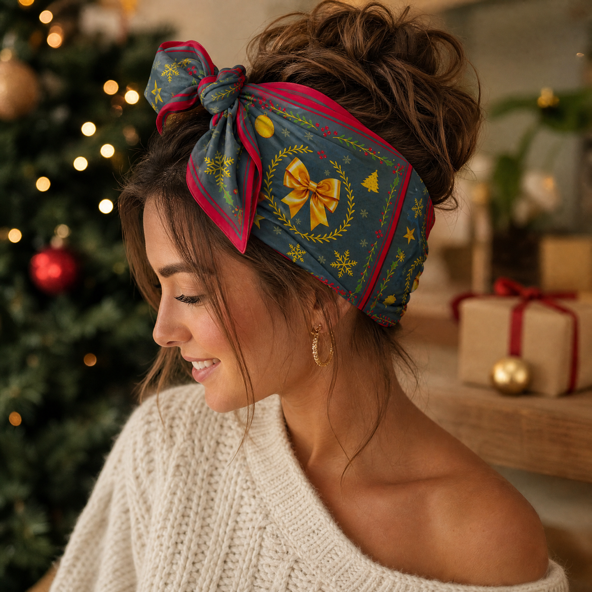 Luxury Christmas Satin Silk Scarf & Twilly Gift Set – Navy