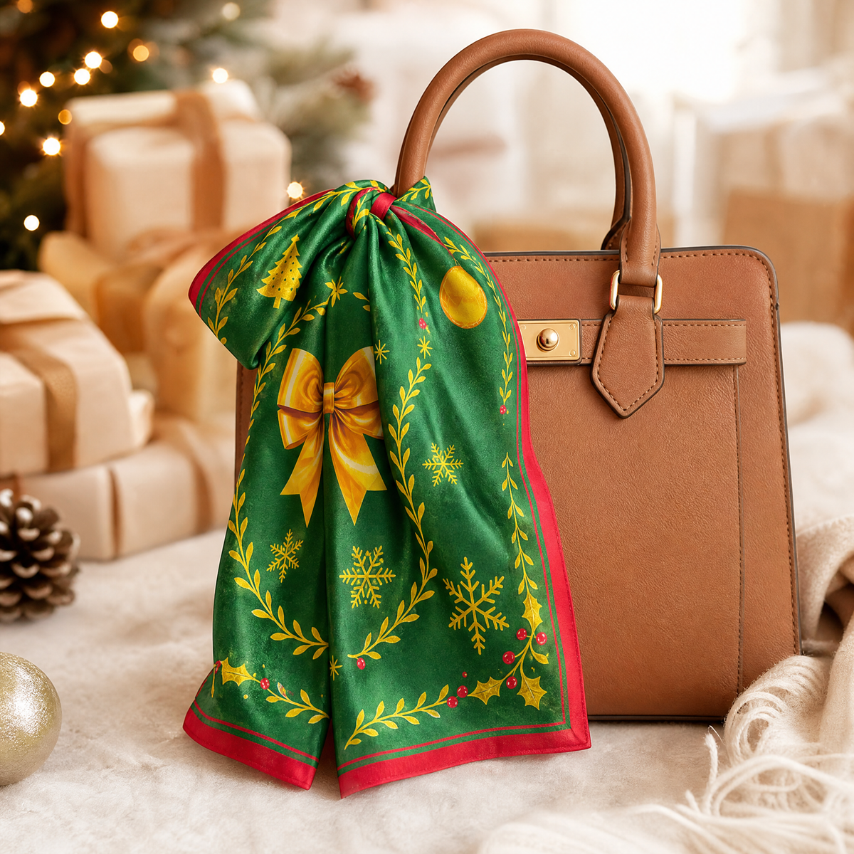 Luxury Christmas Satin Silk Scarf & Twilly Gift Set | Green Holiday Print | 90x90