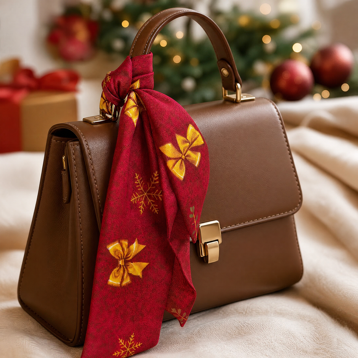 Luxury Christmas Satin Silk Scarf & Twilly Gift Set – Red