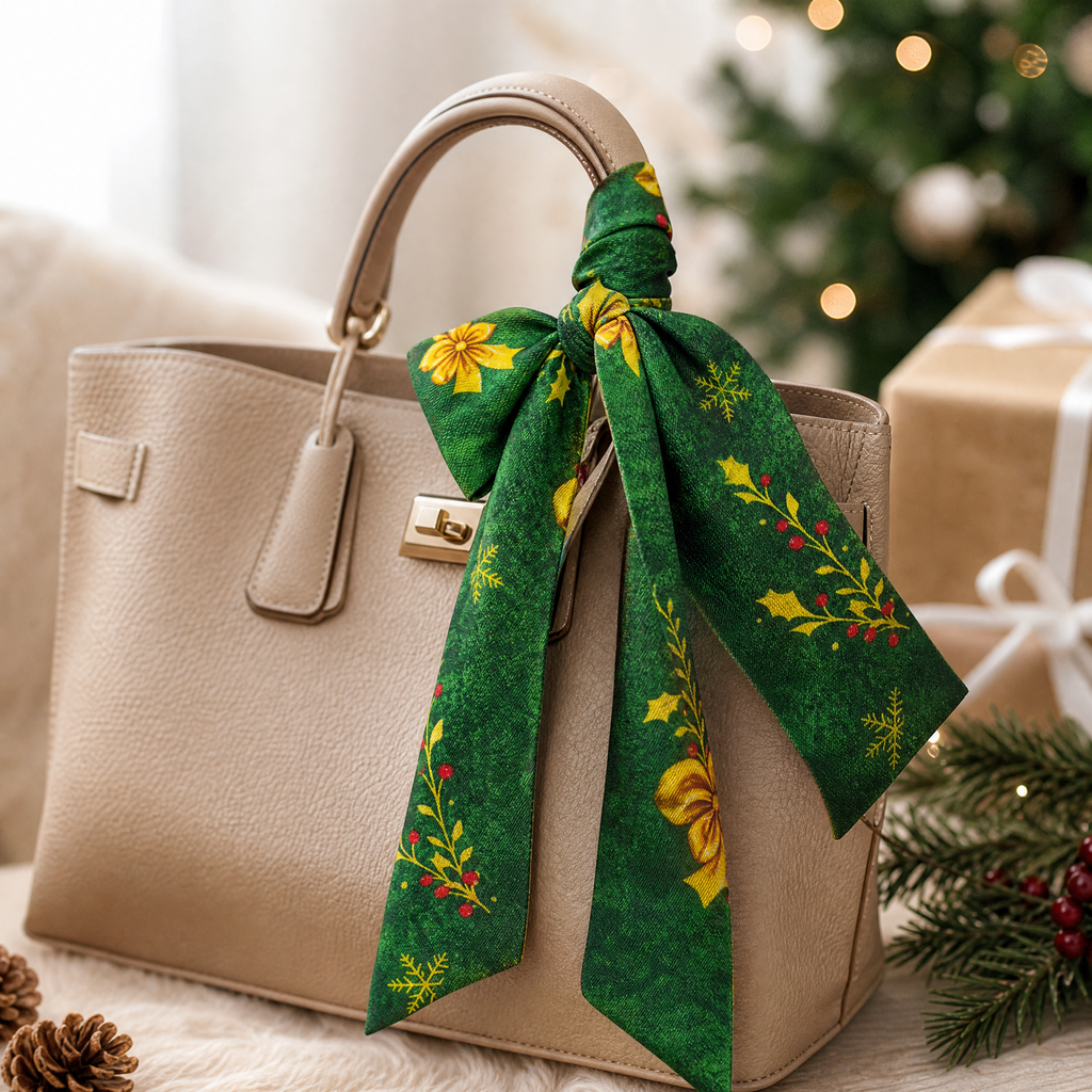 Luxury Christmas Satin Silk Scarf & Twilly Gift Set | Green Holiday Print | 90x90