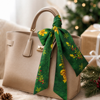 Luxury Christmas Satin Silk Scarf & Twilly Gift Set | Green Holiday Print | 90x90
