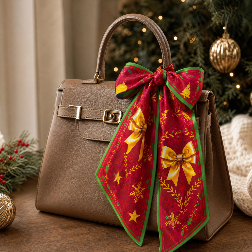 Luxury Christmas Satin Silk Scarf & Twilly Gift Set – Red