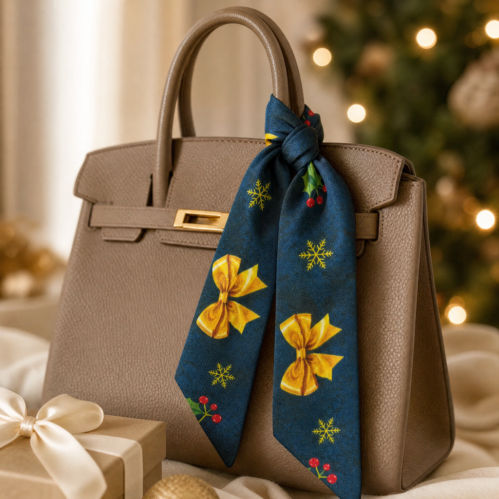 Luxury Christmas Satin Silk Scarf & Twilly Gift Set – Navy