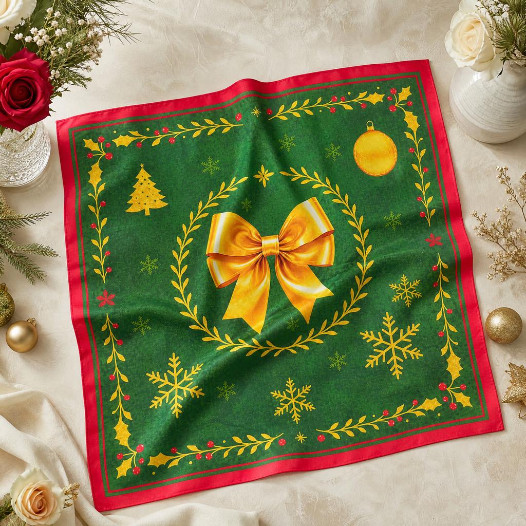 Luxury Christmas Satin Silk Scarf & Twilly Gift Set | Green Holiday Print | 90x90