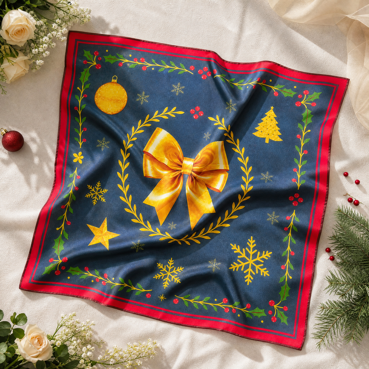 Luxury Christmas Satin Silk Scarf & Twilly Gift Set – Navy