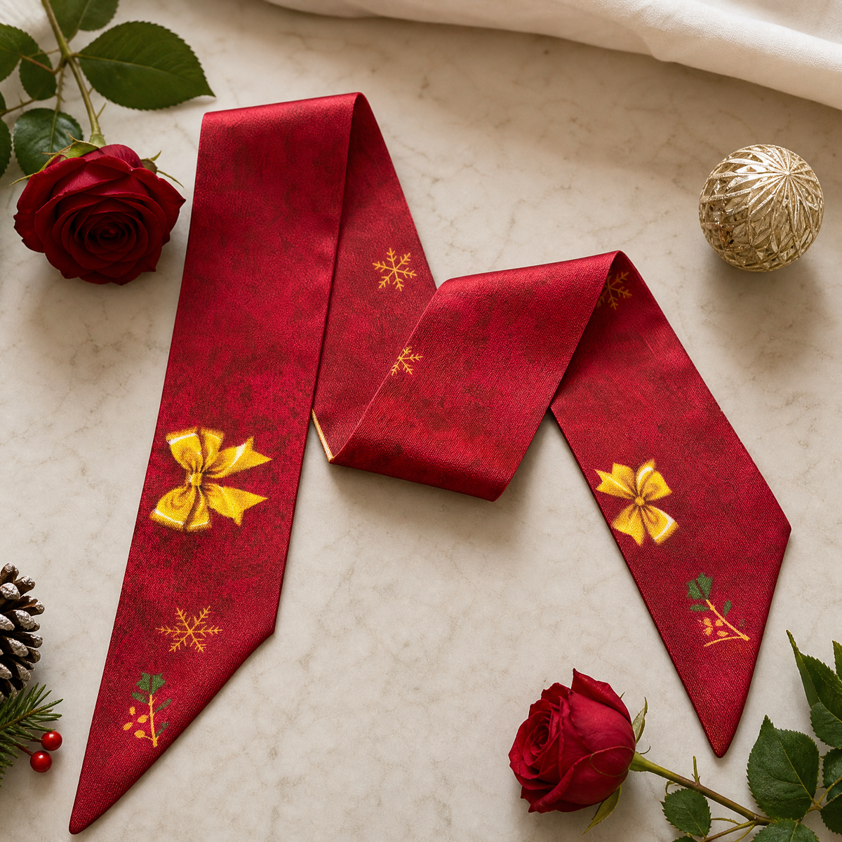 Luxury Christmas Satin Silk Scarf & Twilly Gift Set – Red