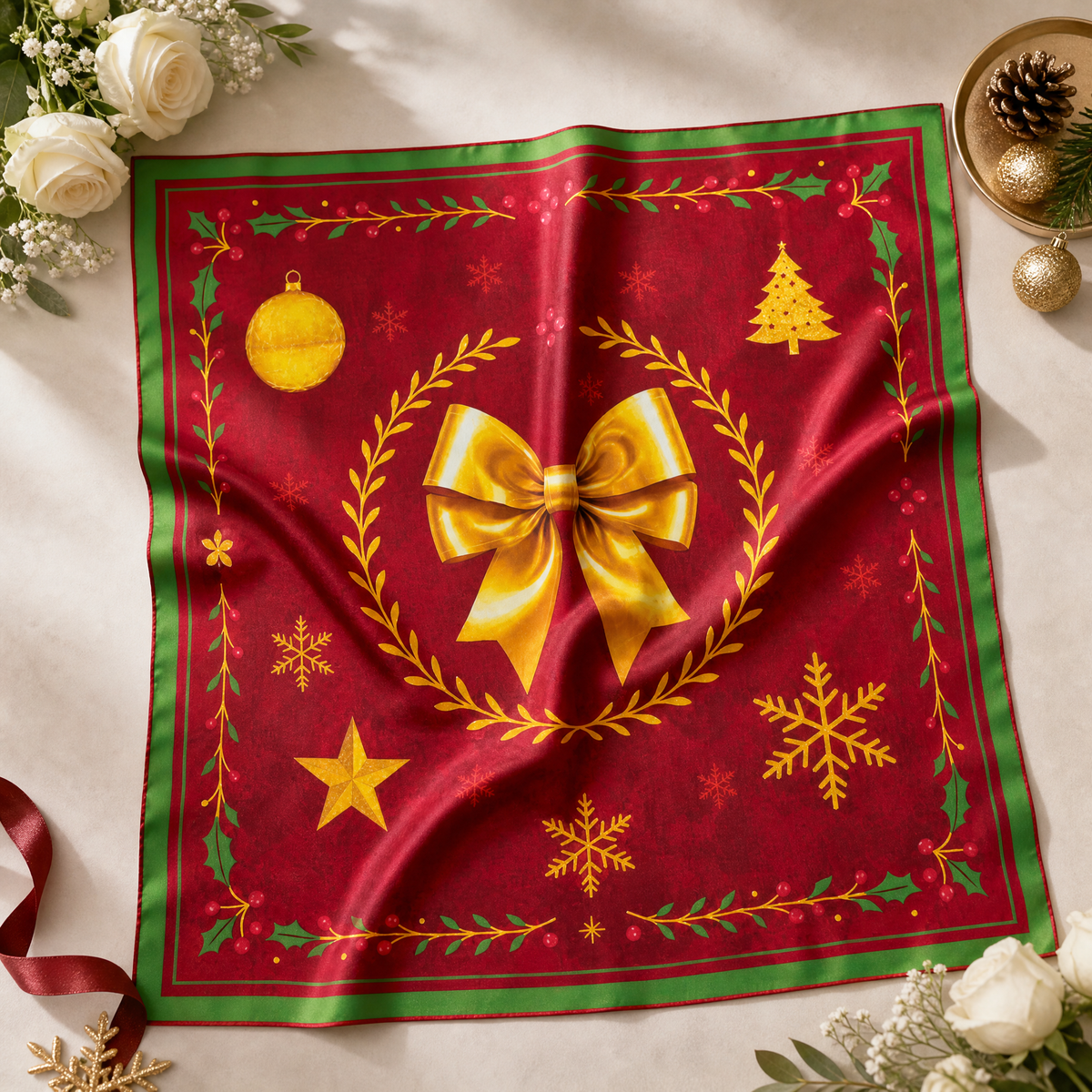Luxury Christmas Satin Silk Scarf & Twilly Gift Set – Red