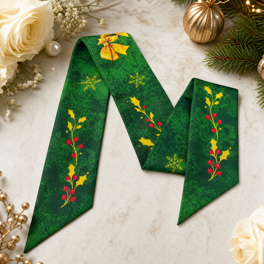 Luxury Christmas Satin Silk Scarf & Twilly Gift Set | Green Holiday Print | 90x90