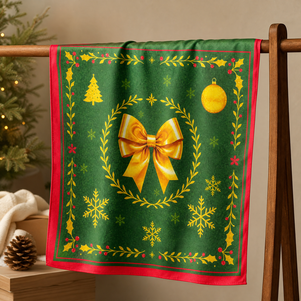 Luxury Christmas Satin Silk Scarf & Twilly Gift Set | Green Holiday Print | 90x90