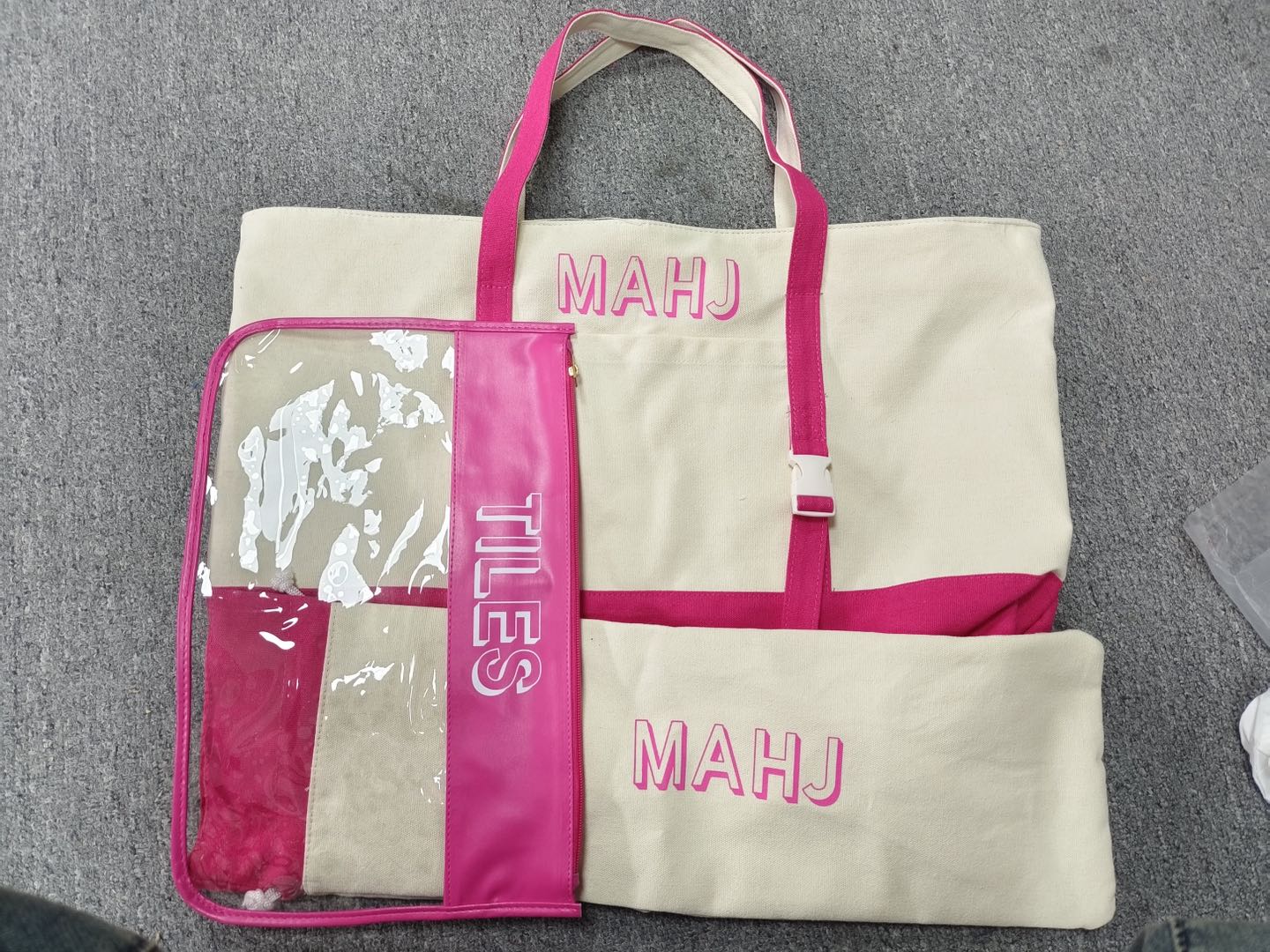 Mahjong Travel Tote Set – Canvas & Pink Trim (3-Piece Organizer Bag Set)