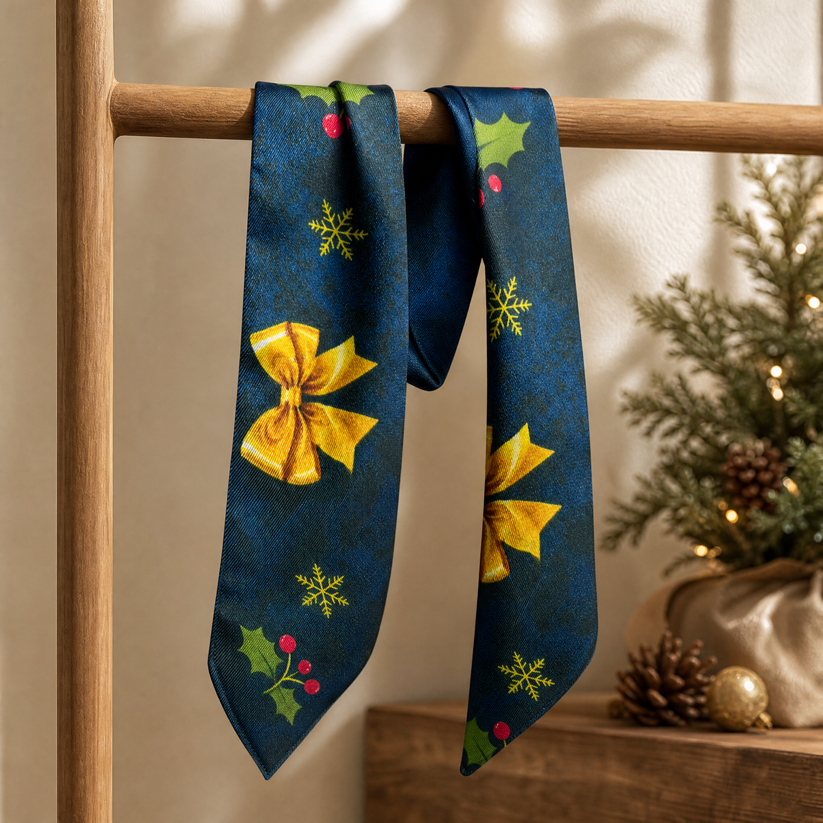 Luxury Christmas Satin Silk Scarf & Twilly Gift Set – Navy