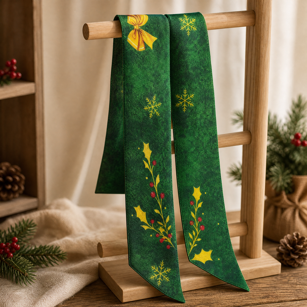 Luxury Christmas Satin Silk Scarf & Twilly Gift Set | Green Holiday Print | 90x90