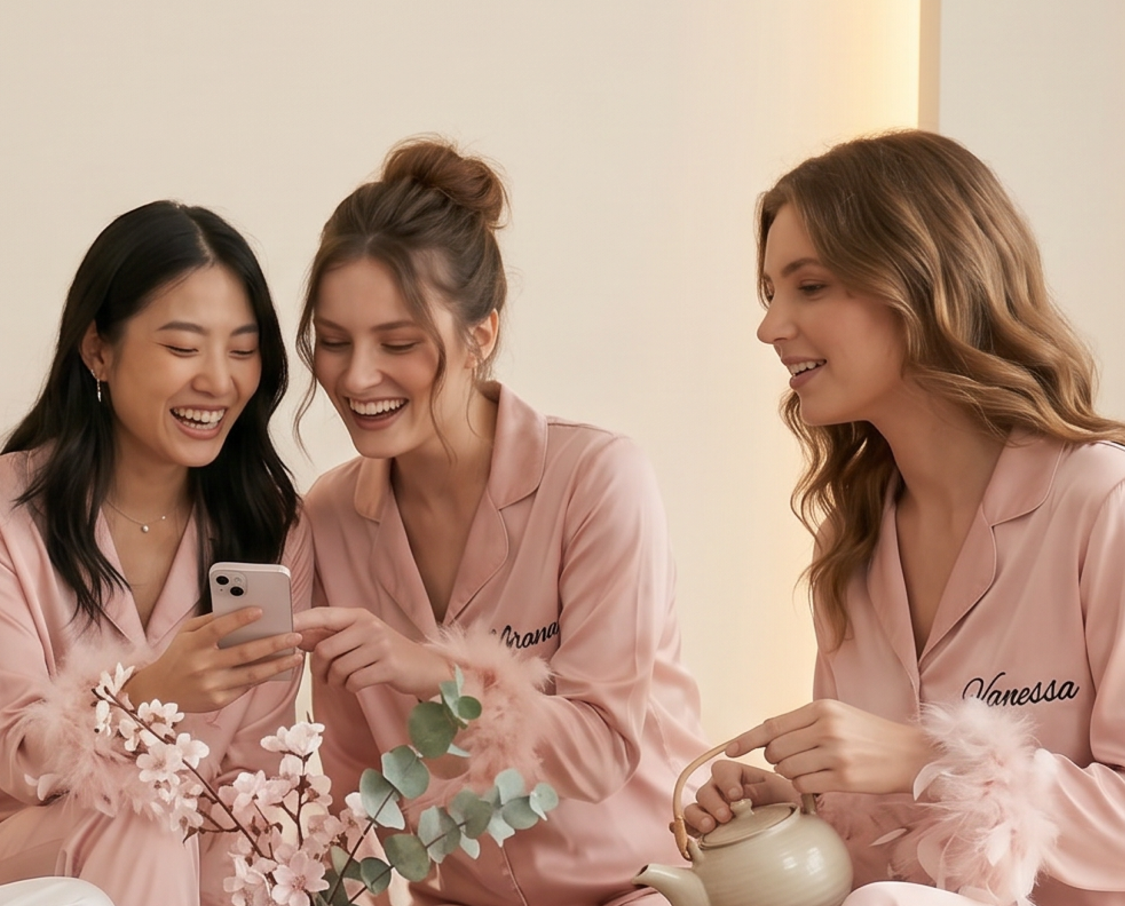 Personalized Bridesmaid Satin Pajama Set with Feather Cuffs