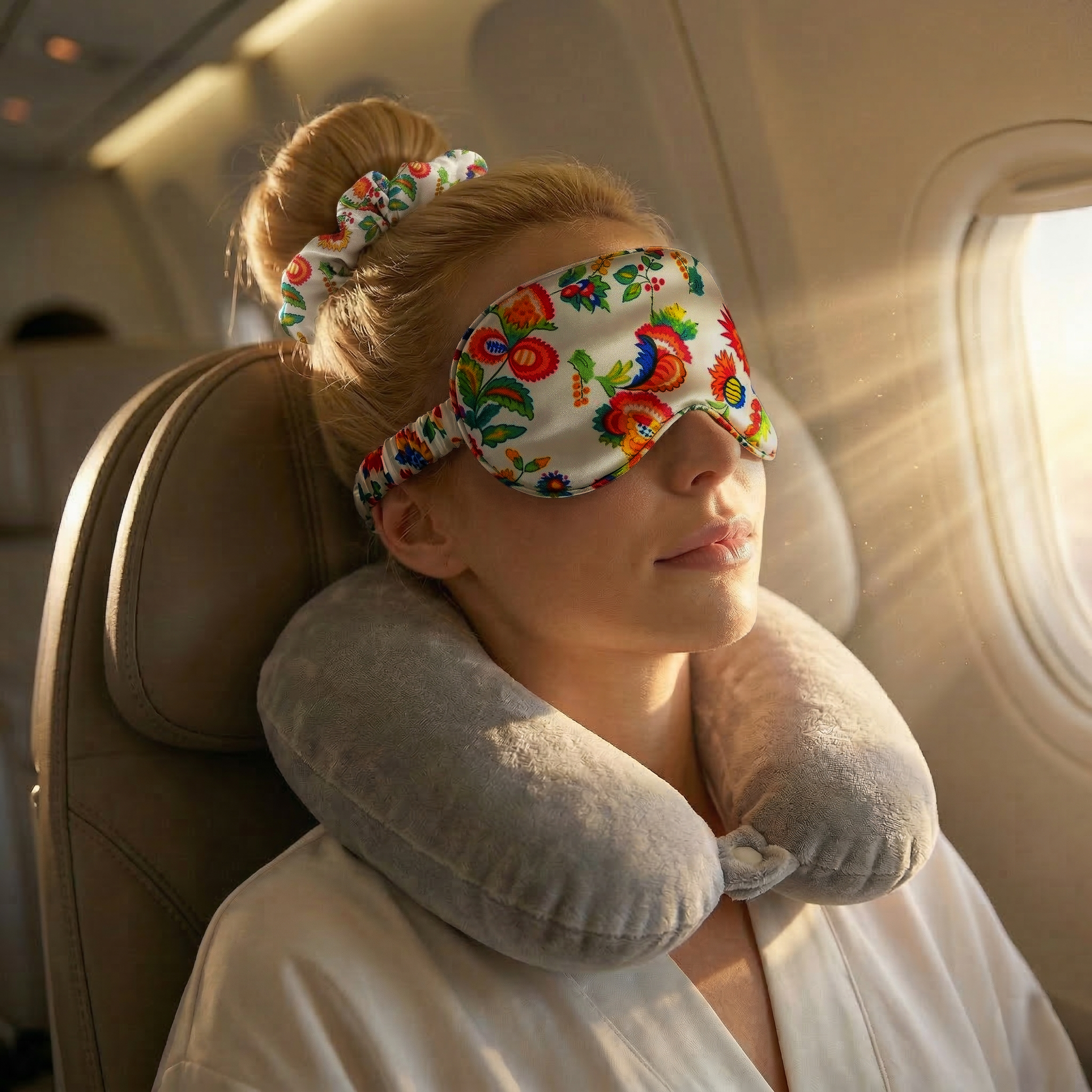 Luxury Satin Sleep Set – Navy Blue Pillowcase with Floral Sleep Mask & Scrunchie Gift Set