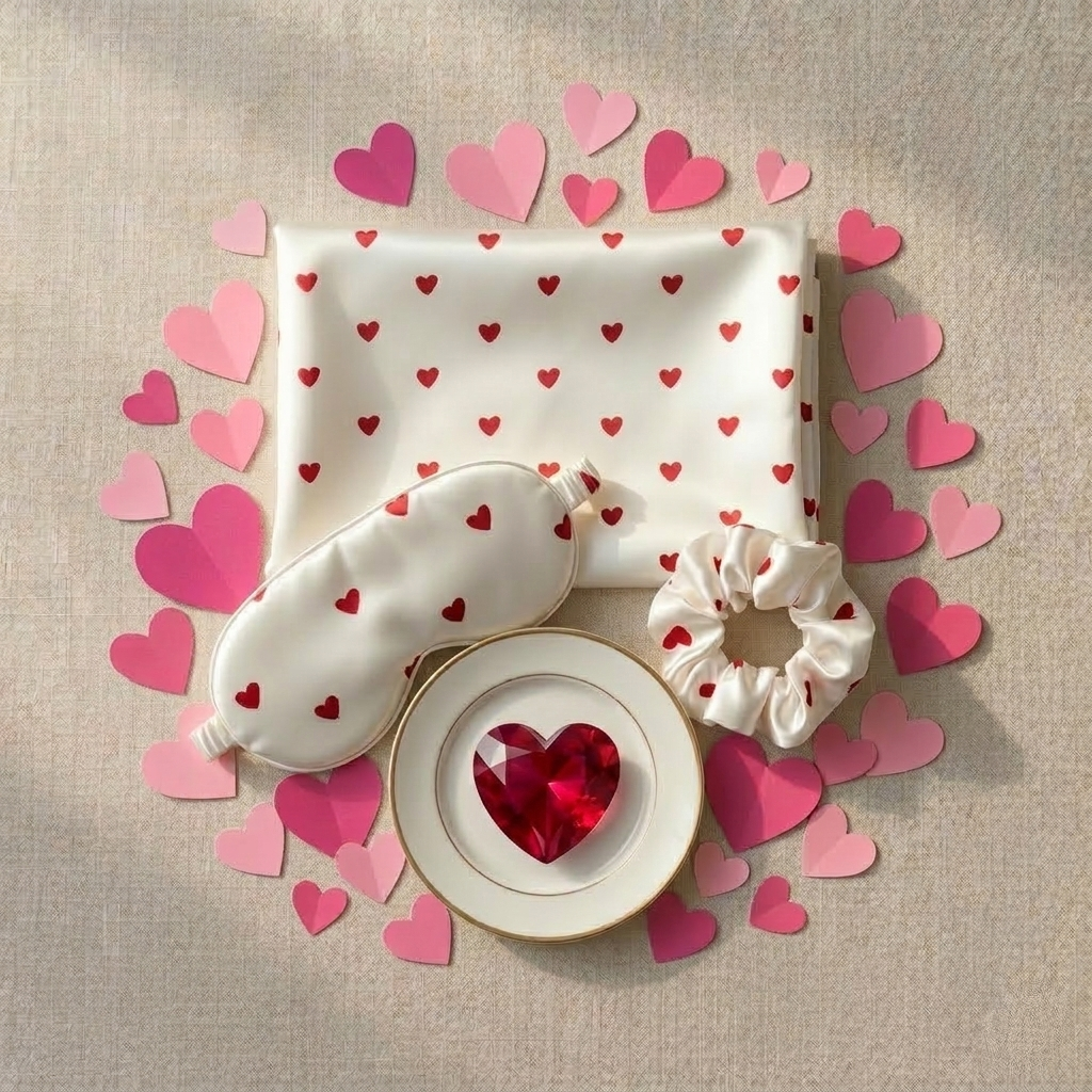 Valentine's Day Satin Sleep Gift Set – Heart Print Silk Eye Mask, Scrunchie & Cosmetic Pouch | Bridesmaid Gift | Self Care Set