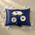Luxury Silk Sleep Gift Set – Butterfly Print Satin Pillowcase, Sleep Mask & Scrunchie Set (Navy Blue)