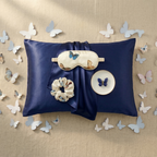 Luxury Silk Sleep Gift Set – Butterfly Print Satin Pillowcase, Sleep Mask & Scrunchie Set (Navy Blue)