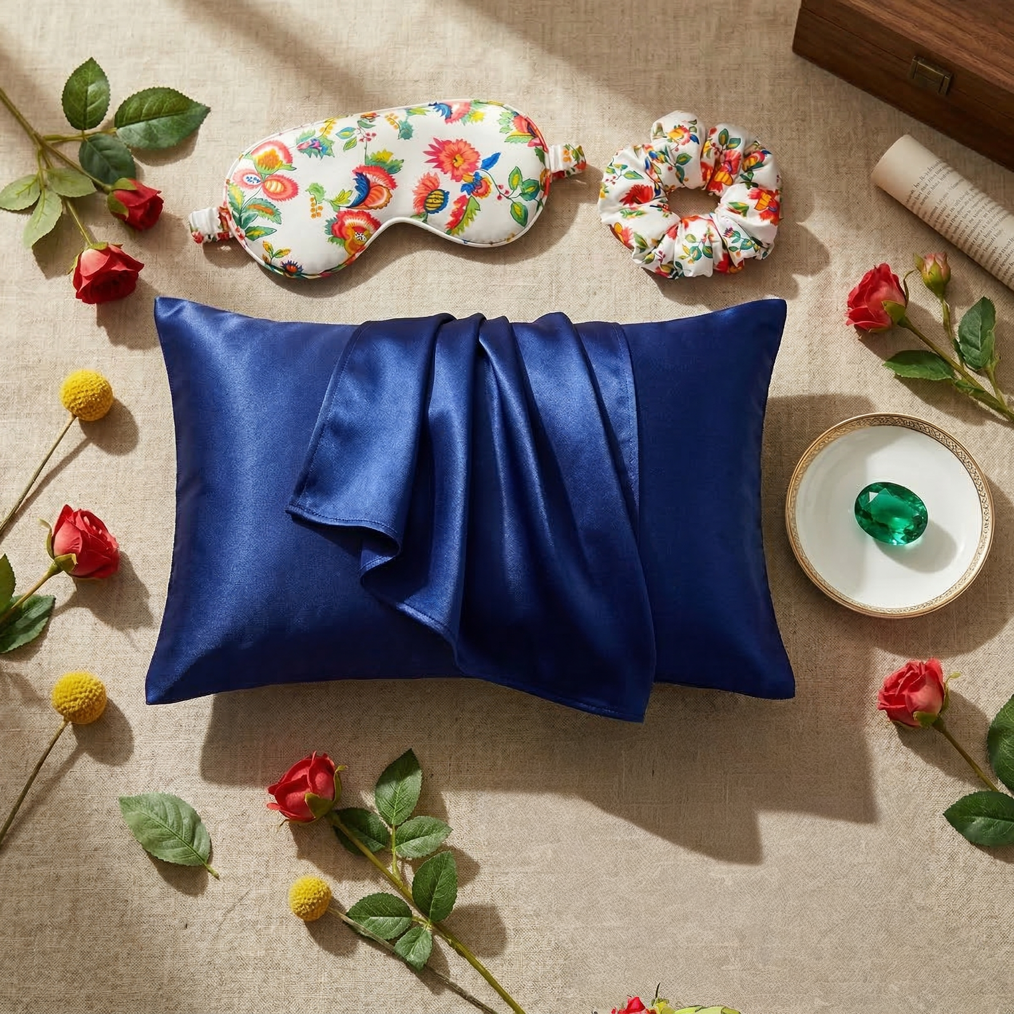 Luxury Satin Sleep Set – Navy Blue Pillowcase with Floral Sleep Mask & Scrunchie Gift Set