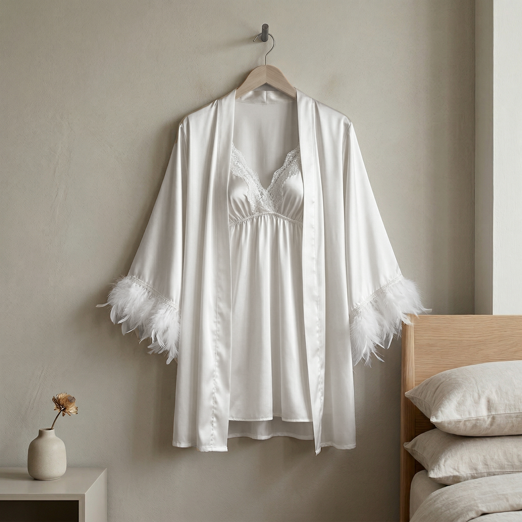 Feather Trim Satin Robe Set – White & Black Lounge Wear (Black)
