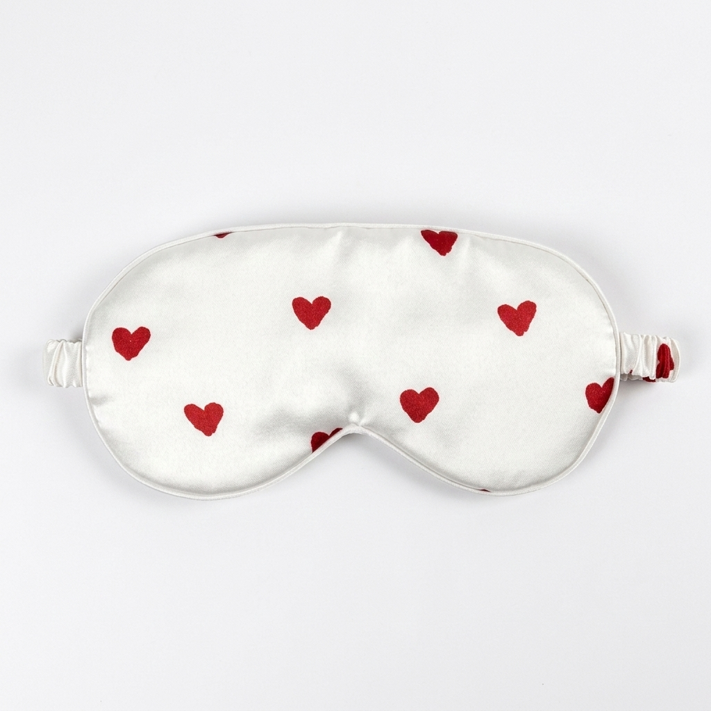 Valentine's Day Satin Sleep Gift Set – Heart Print Silk Eye Mask, Scrunchie & Cosmetic Pouch | Bridesmaid Gift | Self Care Set