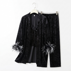 Black Velvet Feather Trim Pajama Set –  Lounge Wear