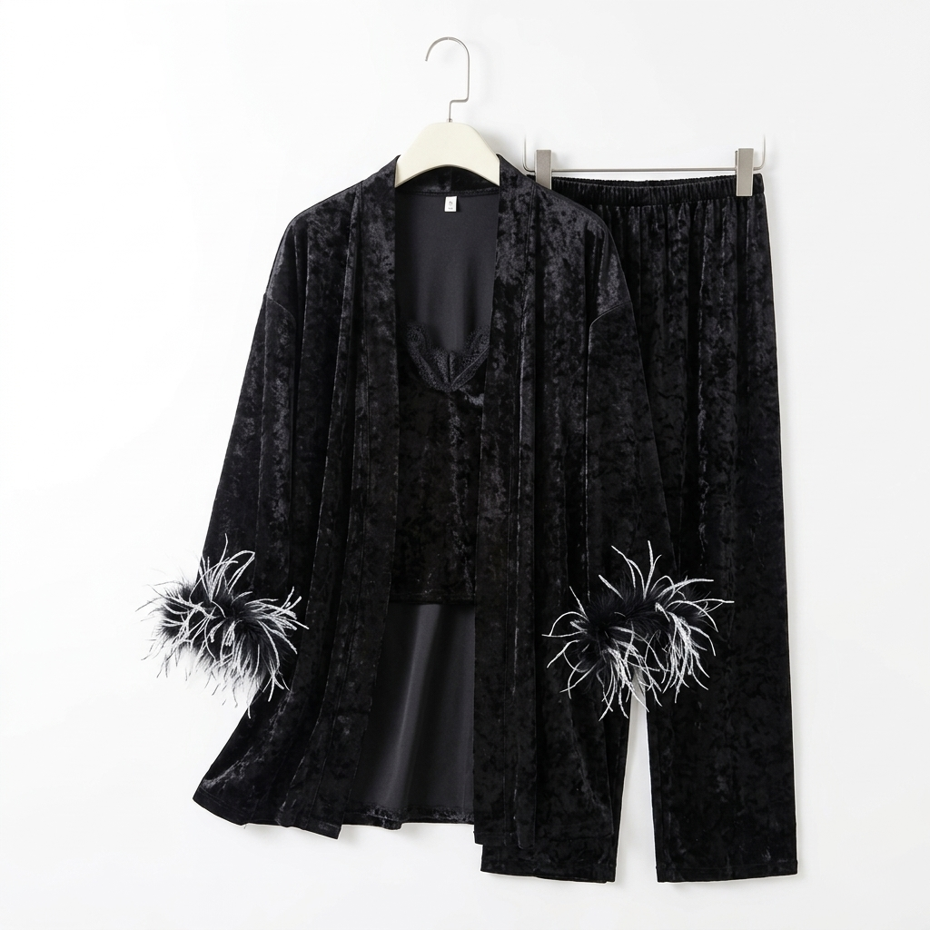 Black Velvet Feather Trim Pajama Set –  Lounge Wear