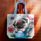 Cute Pug Floral Canvas Tote Bag – Large Capacity Shoulder Bag with Woven Dog & Flower Design