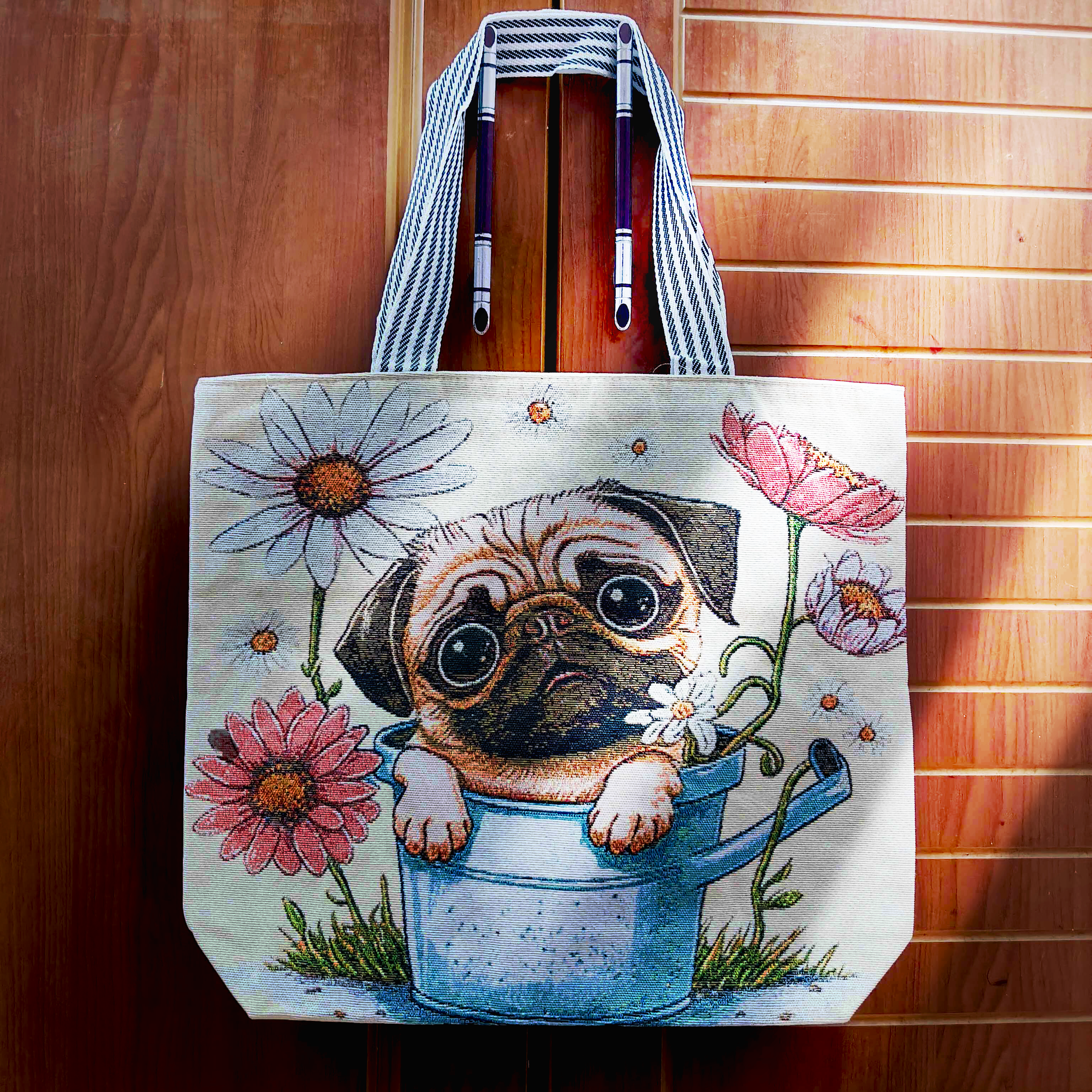 Cute Pug Floral Canvas Tote Bag – Large Capacity Shoulder Bag with Woven Dog & Flower Design