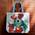 Cute Puppy Canvas Tote Bag – Apple & Scarf Dog Design Large Shoulder Bag