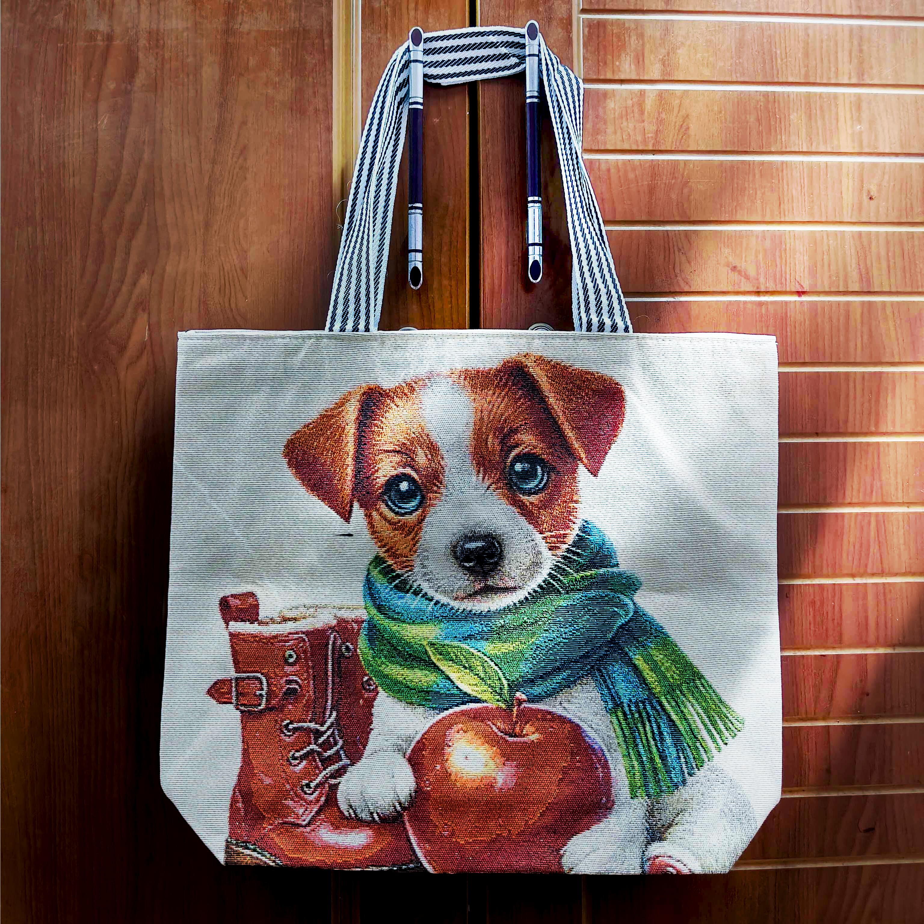 Cute Puppy Canvas Tote Bag – Apple & Scarf Dog Design Large Shoulder Bag