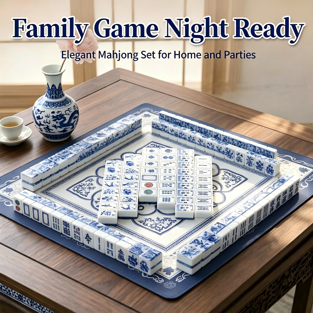 Porcelain Mahjong tile set with blue and white floral pattern