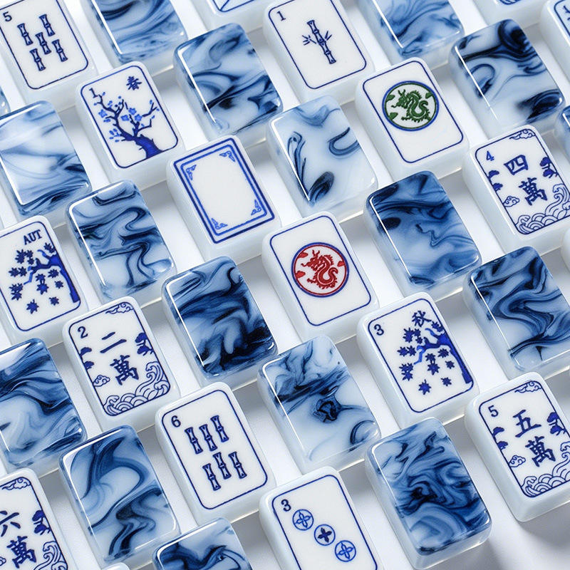 Close-up of porcelain Mahjong tile designs