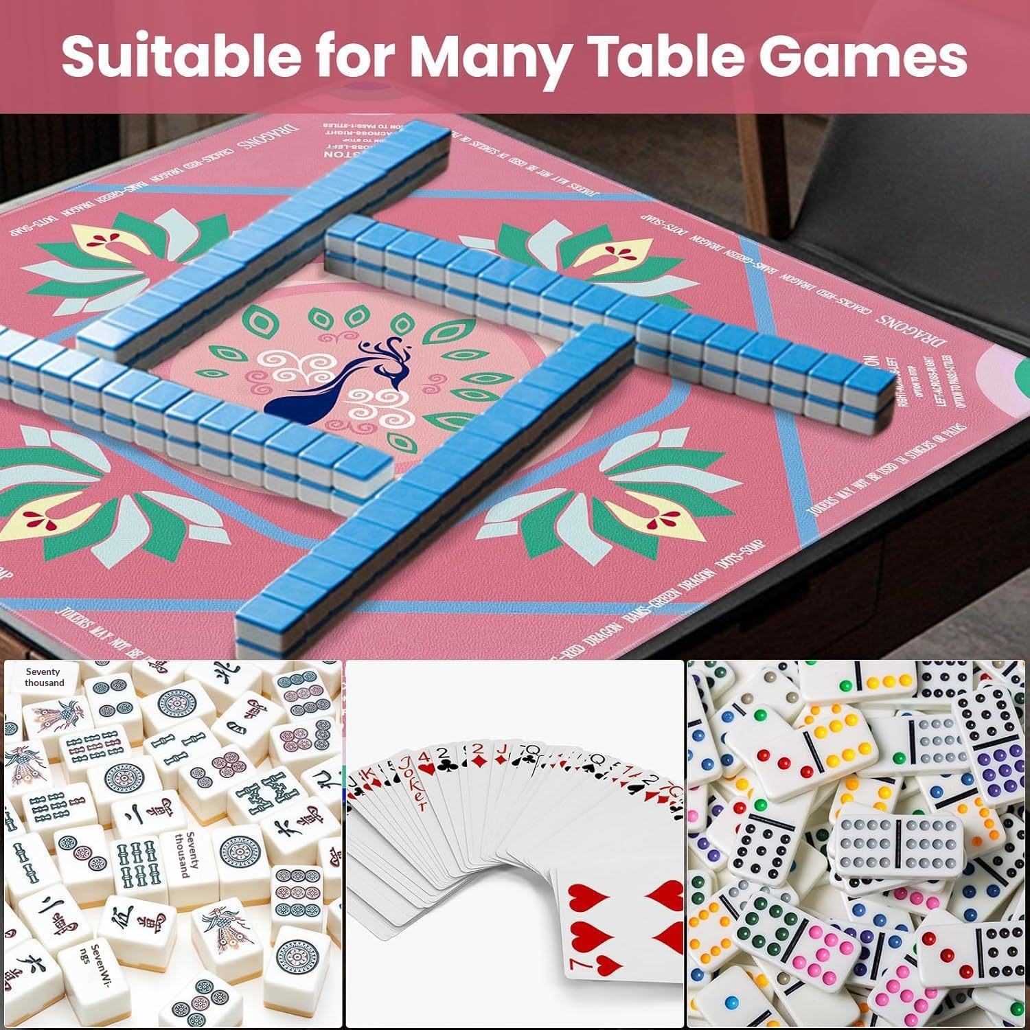 American Mahjong Table Mat with Carry Bag – Pink Peacock Non-Slip Game Mat (32”+)