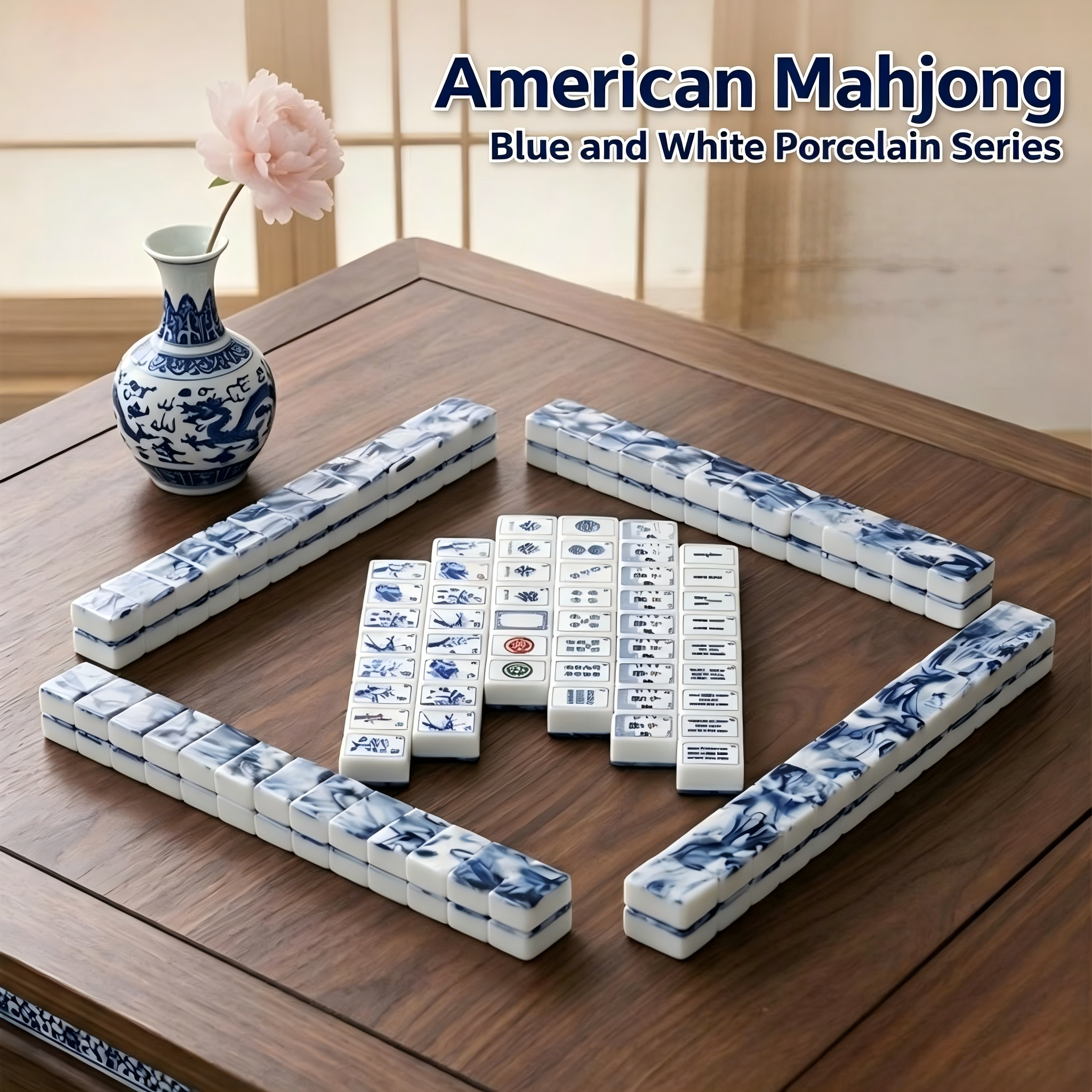 Porcelain Mahjong set fully arranged on game table