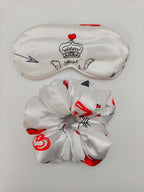 White satin eye mask and oversized scrunchie with crown, heart, arrow and wings print — romantic Valentine's Day gift set for women USA UK Australia, May Silk Co
