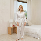 Silk Satin Pajama Set for Women – Long Sleeve Tie Top & Full-Length Pants (White)