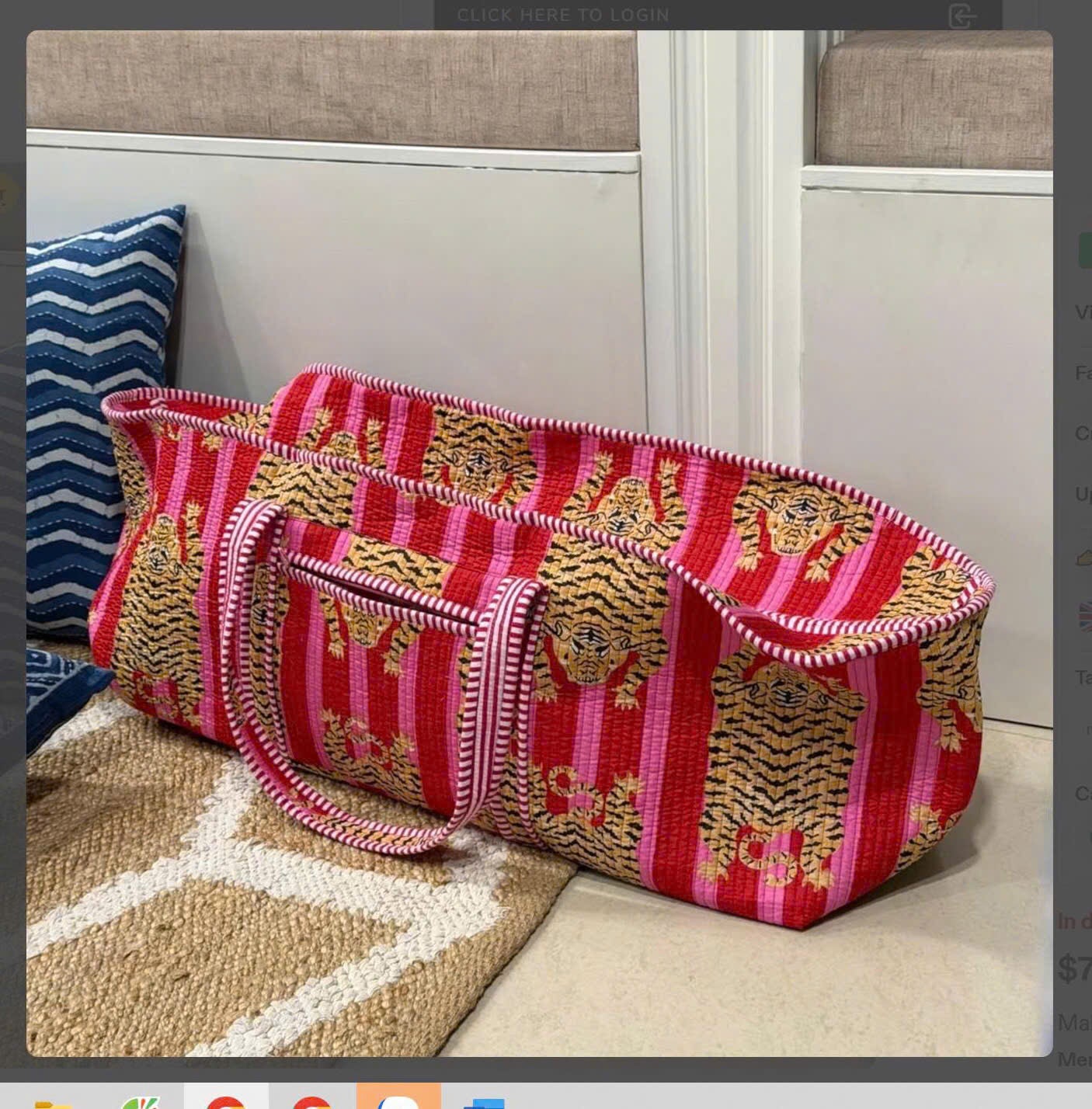 	Tiger print quilted carry bag with rolled yoga mat, long tote for yoga or mahjong nights